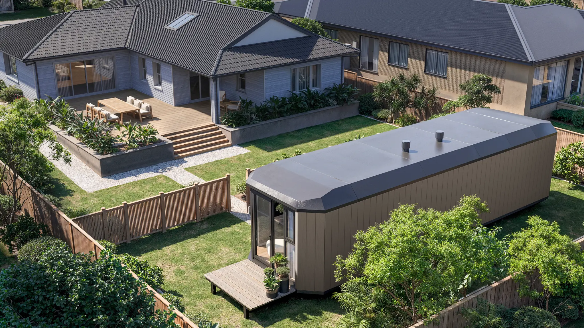 Instant House aerial view in backyard